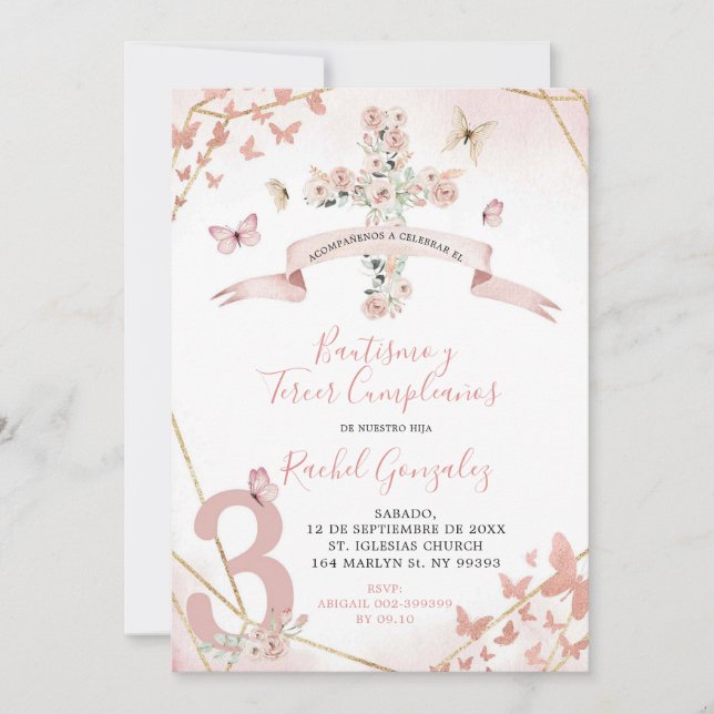 Invitation Baptême de papillon rose blanc Boho & 3ème anniver (Devant)