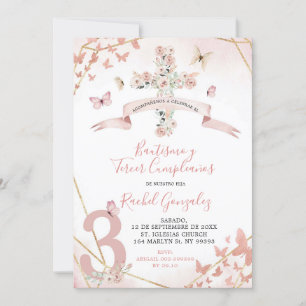 Invitation Baptême de papillon rose blanc Boho & 3ème anniver