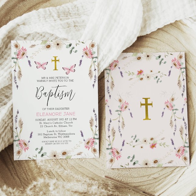 Invitation Baptême de papillon rose blanc Fleur sauvage (
Wildflowers Baptism Invitation for girl, Girls Butterflies Baptism Invitation Template, Gold Cross
)