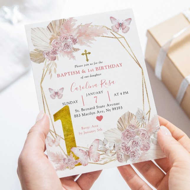 Invitation Baptême de papillon rose Boho et premier anniversa (Créateur téléchargé)
