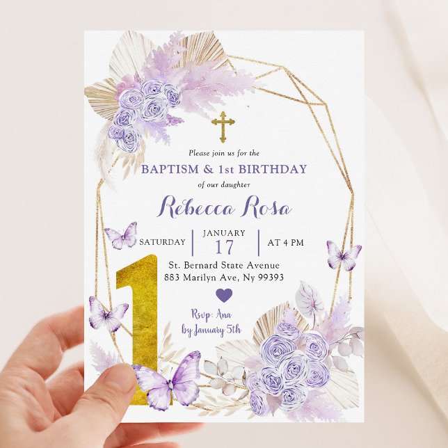 Invitation Baptême de papillon violet Boho et 1er anniversair (Créateur téléchargé)