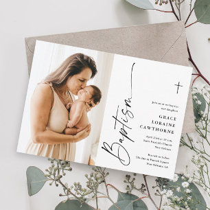 Invitation Baptême de photo blanc de script élégant moderne