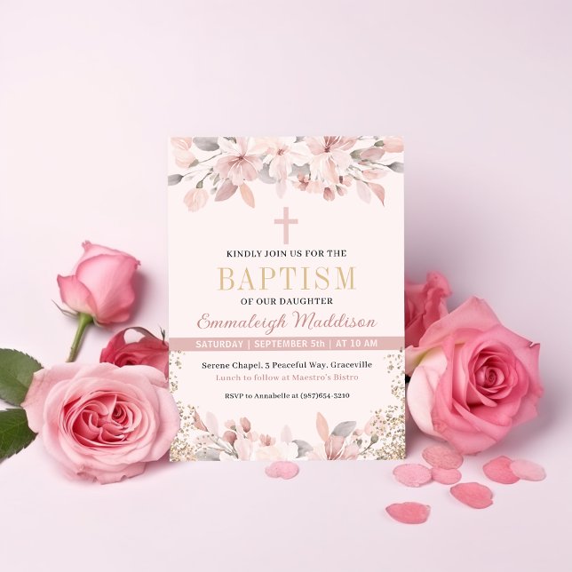 Invitation Baptême de photo florale rose élégant (Créateur téléchargé)