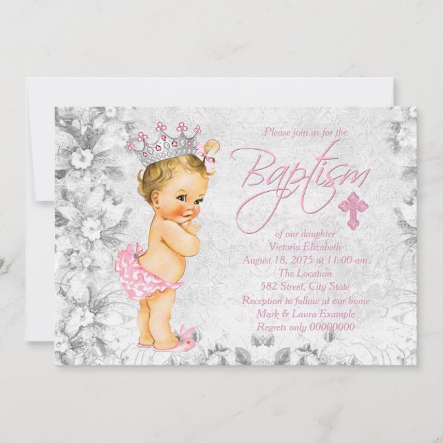 Invitation Baptême de princesse vintage rose et gris (Devant)