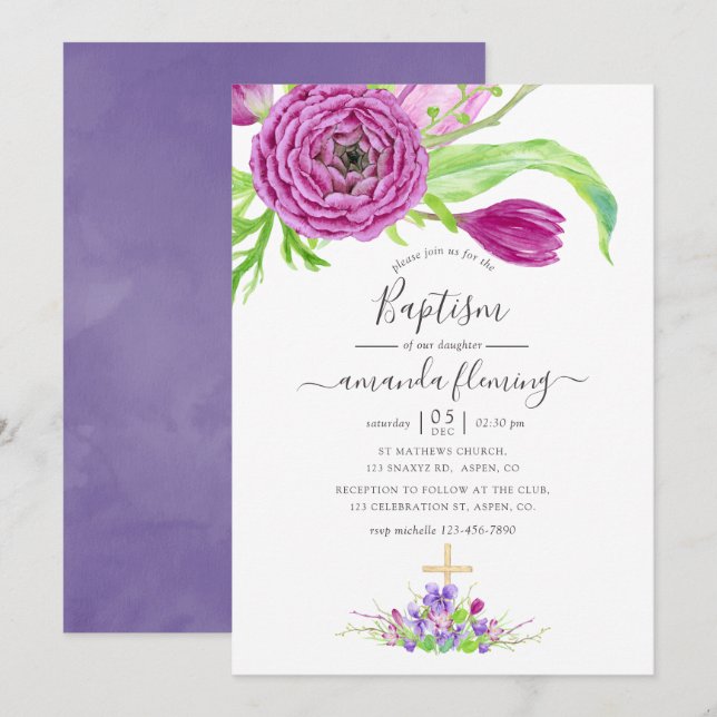 Invitation Baptême de printemps floral aquarelle (Devant / Derrière)