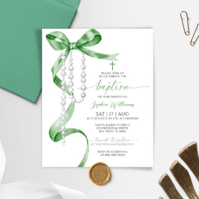 Invitation Baptême de Rosaire et Bow vert de Sage  (Créateur téléchargé)