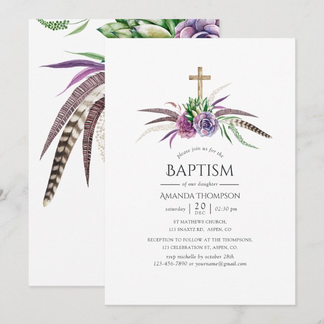 Invitation Baptême de Succulents Boho Mystiques (Devant / Derrière)