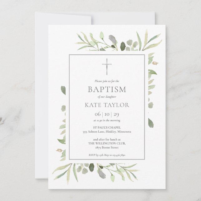 Invitation Baptême de verdure aquarelle (Devant)
