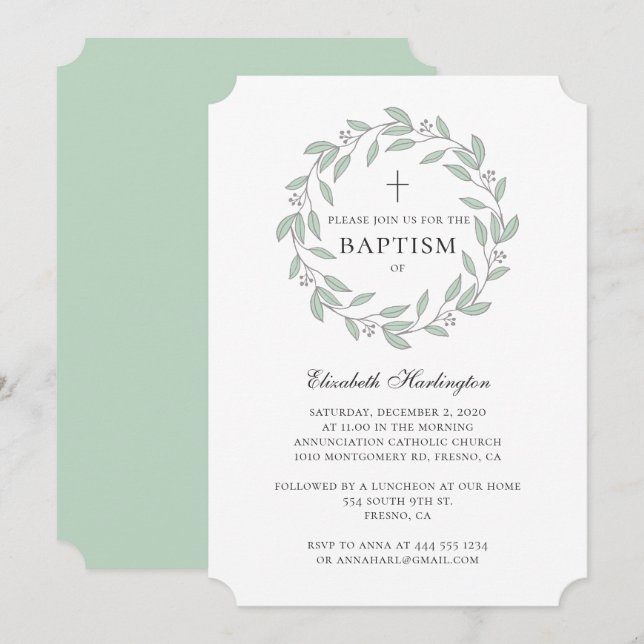 Invitation Baptême de verdure botanique. Courbe simple menthe (Devant / Derrière)