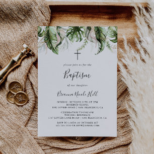 Invitation Baptême de verdure tropicale or