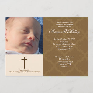 Invitation Baptême Dédication Tan/Crème 5x7 Damask Photo
