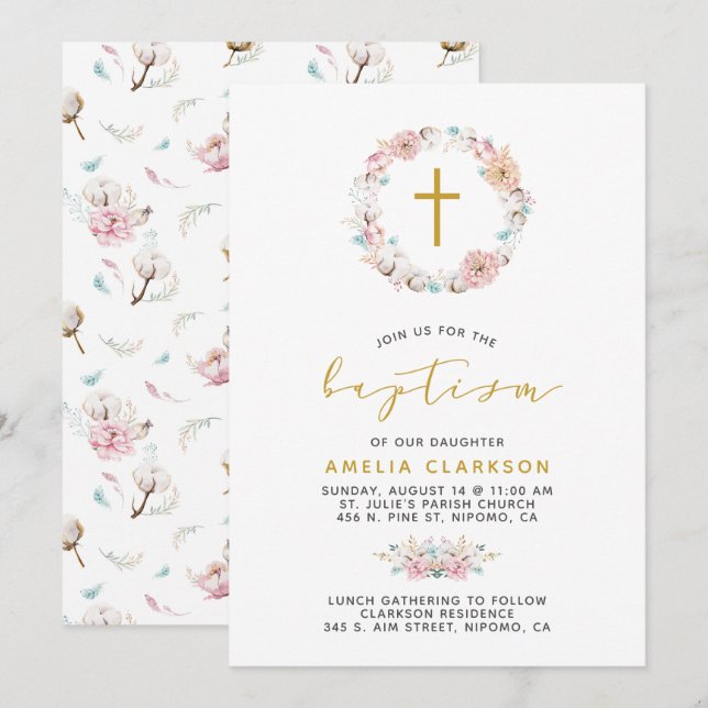 Invitation Baptême délicat floral et coton (Devant / Derrière)