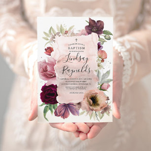 Invitation Baptême des filles   Dusty Rose et Bourgogne Rouge