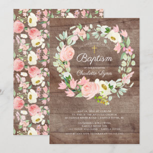 Invitation Baptême des filles florales roses rousses