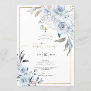 Invitation Baptême des fleurs d'aquarelle bleu poussiéreux