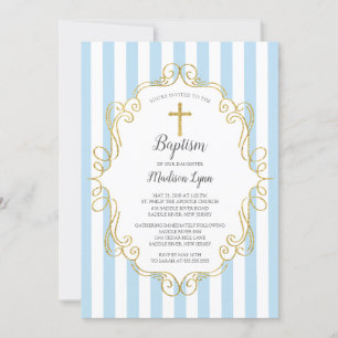 Invitation Baptême des Garçons à cadre bleu et or