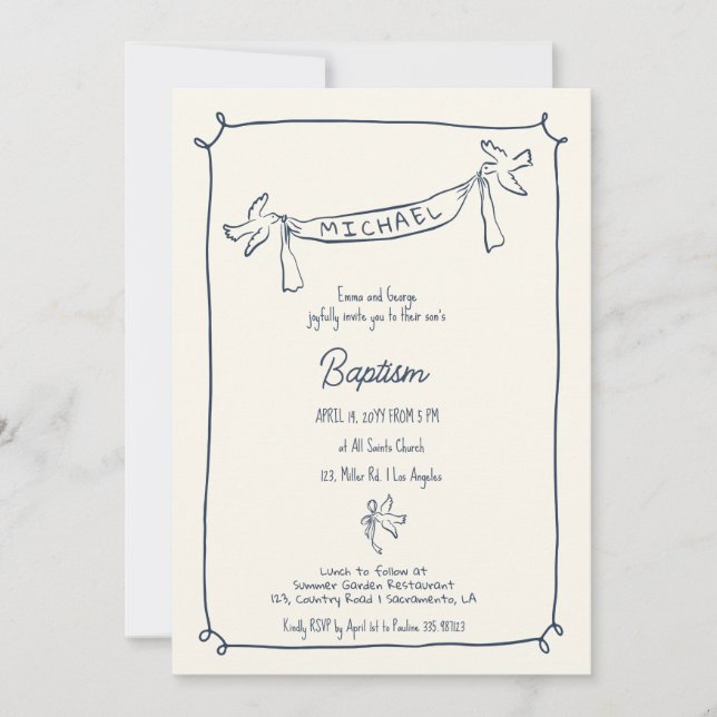 Invitation Baptême dessinée à la main avec colombe (Devant)