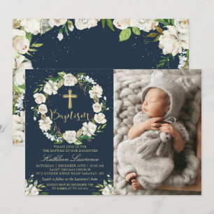 Invitation Baptême d'hiver bleu de la marine Floral Girl