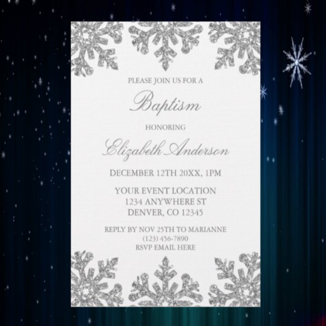 Invitation Baptême d'hiver du flocon de neige en argent (Créateur téléchargé)