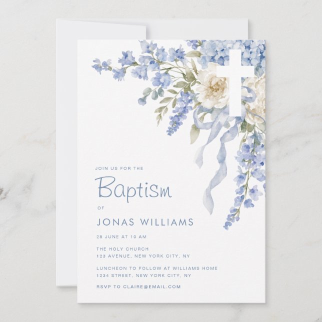 Invitation Baptême d'hortensia bleu moderne (Devant)