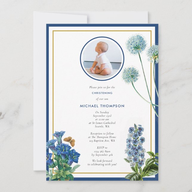 Invitation Baptême d'or Bleu Baptême de baptême Boy Photo (Devant)