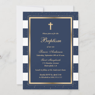Invitation Baptême d'or bleu élégant