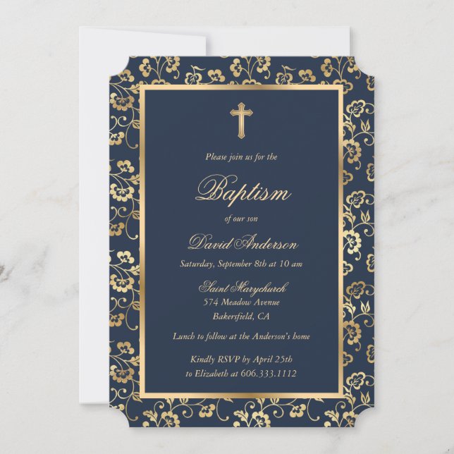 Invitation Baptême d'or bleu floral garçon Baptême (Devant)