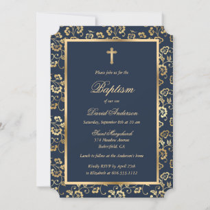 Invitation Baptême d'or bleu floral garçon Baptême