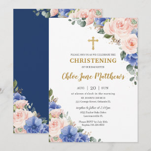 Invitation Baptême d'or bleu rose floral 