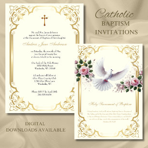 Invitation Baptême d'or catholique rose roses Christening