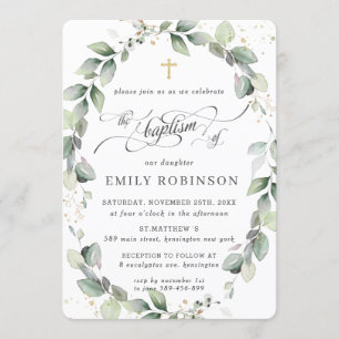 Invitation Baptême d'or de la couronne de verdure rustique