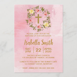 Invitation Baptême d'or rose/invitation floraux de baptême