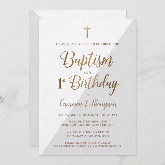 Invitation Baptême d'or virtuel personnalisé et premier anniv (Devant / Derrière)