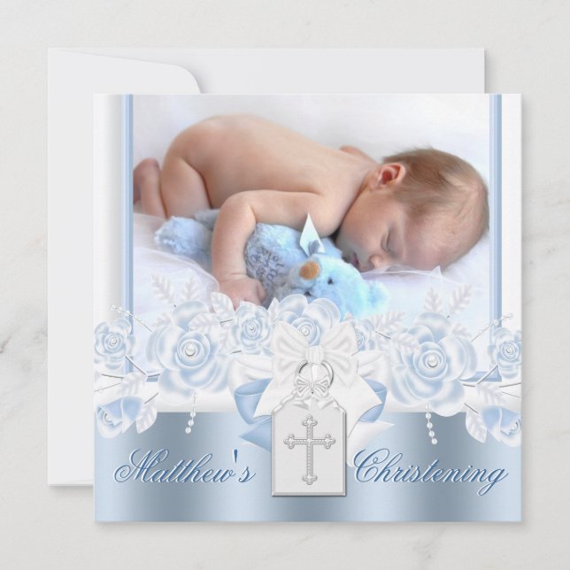 Invitation Baptême Doux Blanc et Bleu Bébé (Devant)