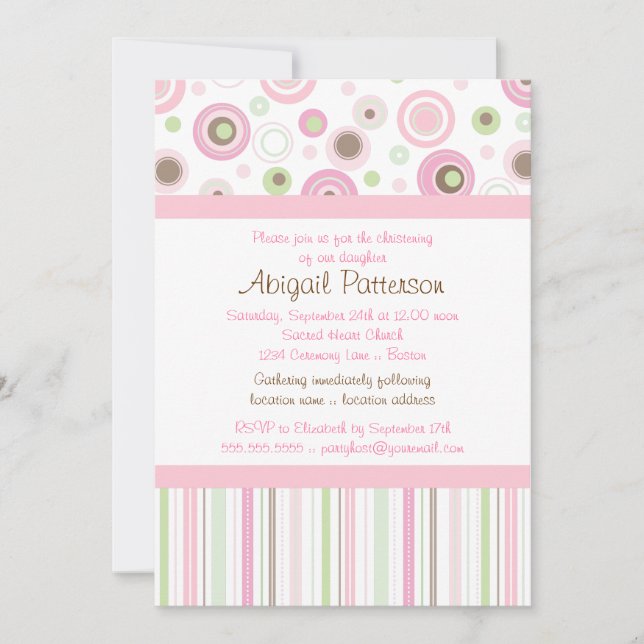 Invitation Baptême doux Brown rose de point de polka de fille (Devant)