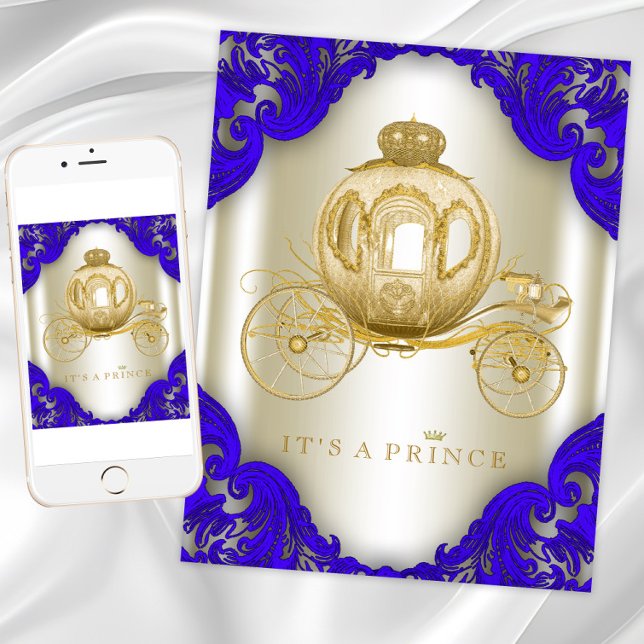 Invitation Baptême du bébé prince au bleu royal et or (Blue gold carriage prince baby shower invitation. Instant download and printed invitations available)