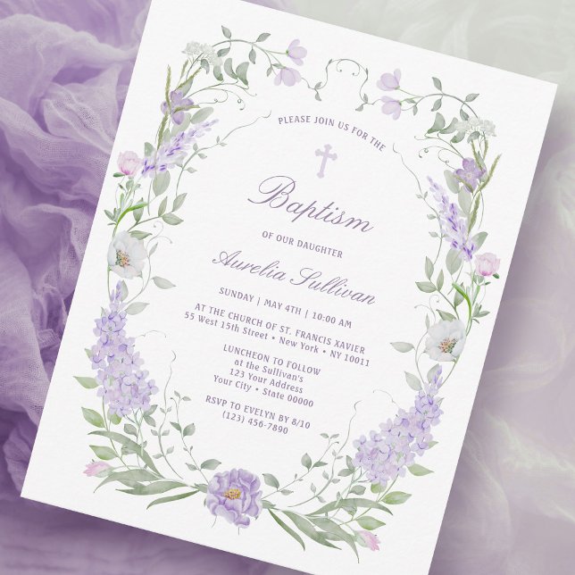 Invitation Baptême du cadre de lavande de Lilac floral (Créateur téléchargé)