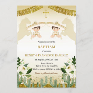 Invitation Baptême du garçon de la Fiesta Gold Twin Niño Baut
