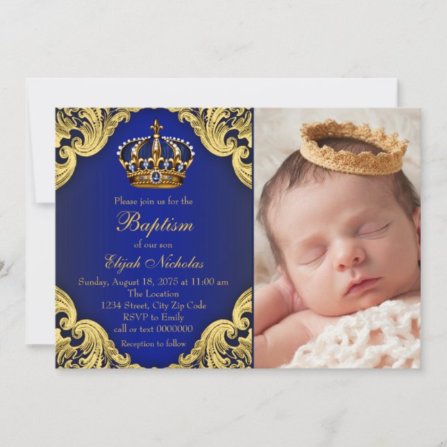 Invitation Baptême du Prince Couronne d'Or Bleu Royal (Devant)