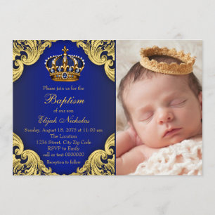 Invitation Baptême du Prince Couronne d'Or Bleu Royal