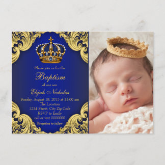 Invitation Baptême du Prince Couronne Or Bleu Royal