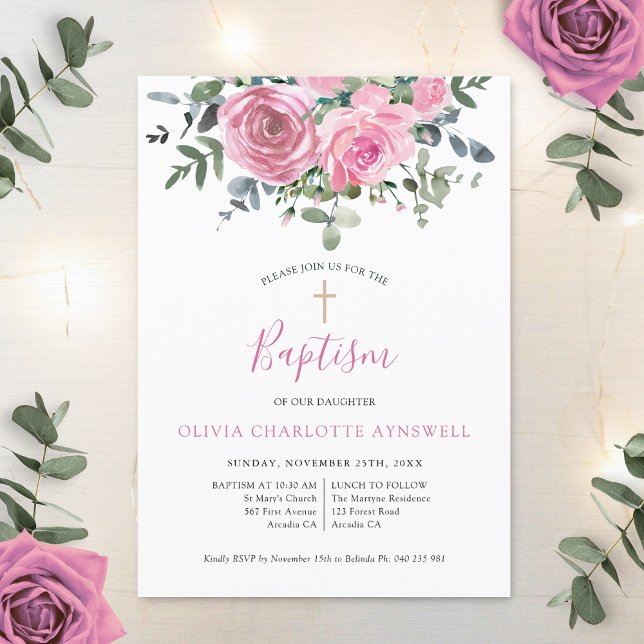 Invitation Baptême Dusty Rose Eucalyptus Christening (Créateur téléchargé)
