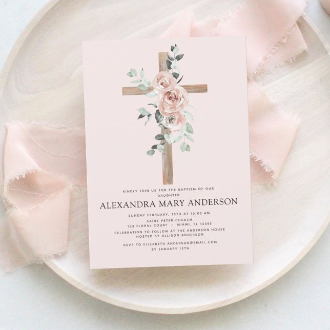 Invitation Baptême Dusty Rose Vert Eucalyptus (Créateur téléchargé)