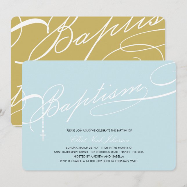 Invitation Baptême écrit Rosary Cross Blue Religieux (Devant / Derrière)