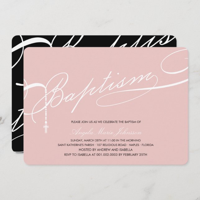 Invitation Baptême écrite Rosary Cross Girl rose Religieux (Devant / Derrière)