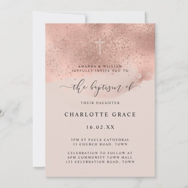 Invitation Baptême écriture paillettes or rose scintillant (Devant)