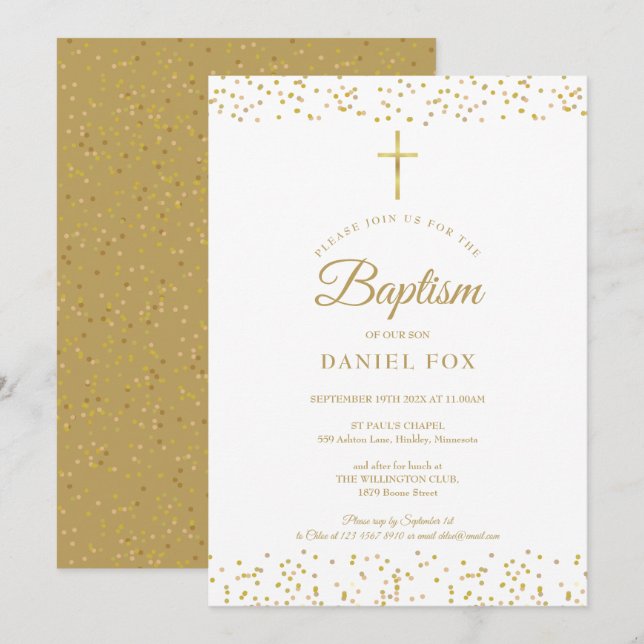 Invitation Baptême élégant à la poussière d'or (Devant / Derrière)