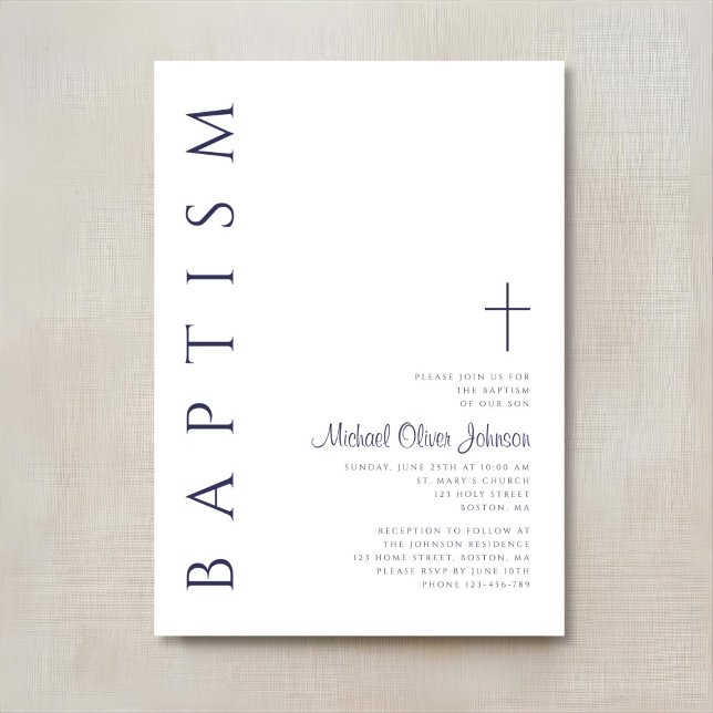 Invitation Baptême élégant à l'encre bleue marine (Elegant Navy Blue Script Baptism Invitation)