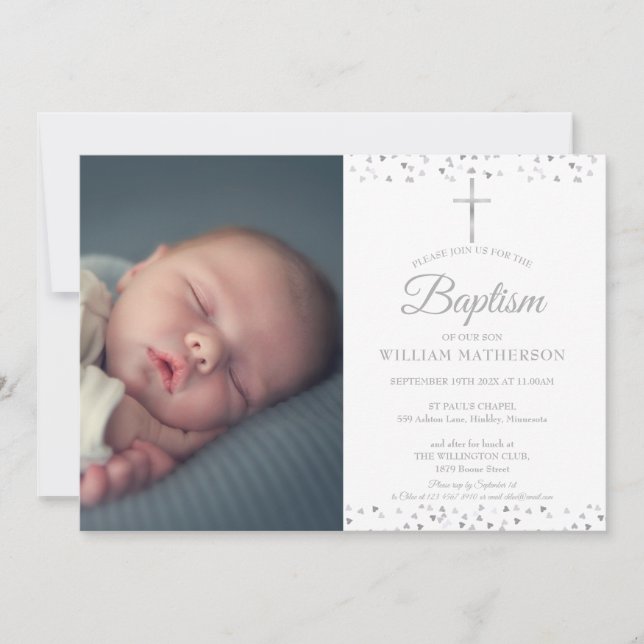 Invitation Baptême élégant argent, Photo de baptême (Devant)