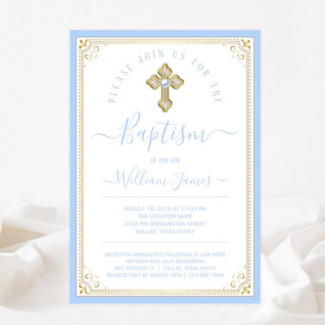 Invitation Baptême élégant bébé bleu or garçon (Créateur téléchargé)